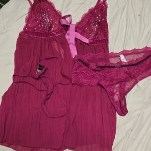 Victoria's Secret Raspberry Sequin Lace Chiffon Chemise & Lace Brief Set